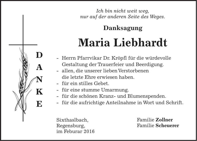 Traueranzeige Maria Liebhardt