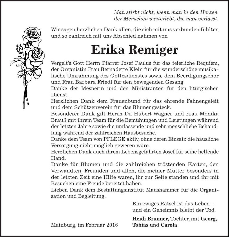 Traueranzeige Erika Remiger