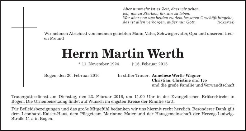 Traueranzeige Martin Werth