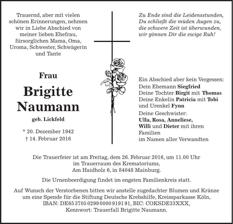 Traueranzeige Brigitte Naumann