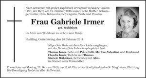 Traueranzeige Gabriele Irmer
