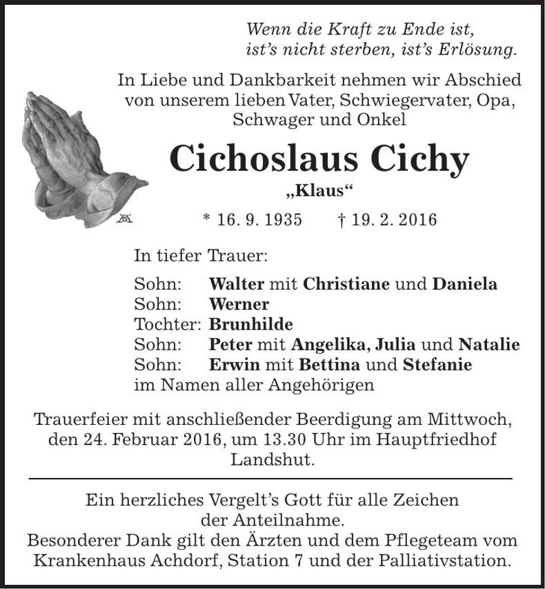 Traueranzeige Cichoslaus Cichy