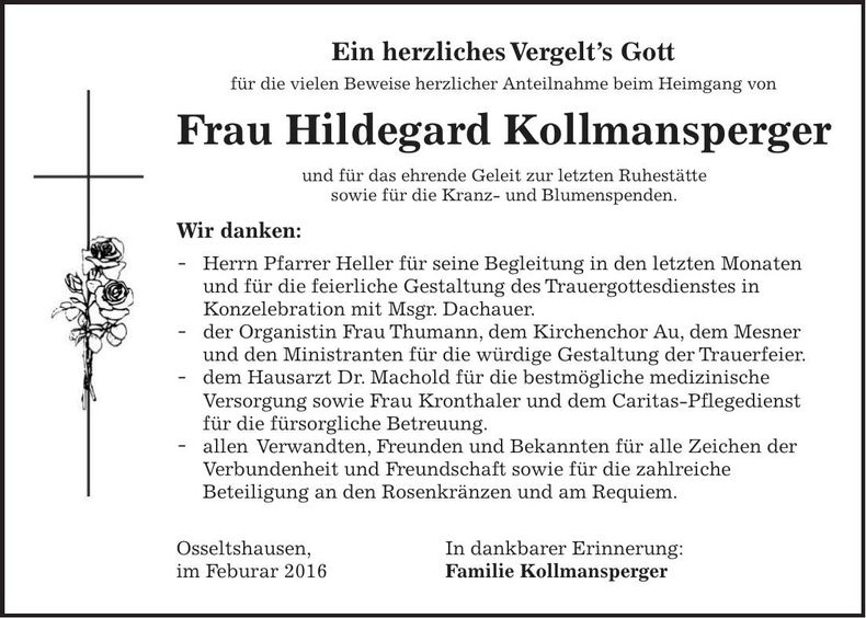 Traueranzeige Hildegard Kollmansperger
