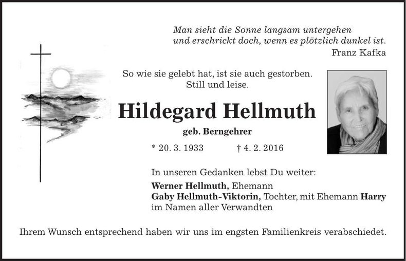 Traueranzeige Hildegard Hellmuth