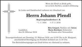 Traueranzeige Johann Plendl