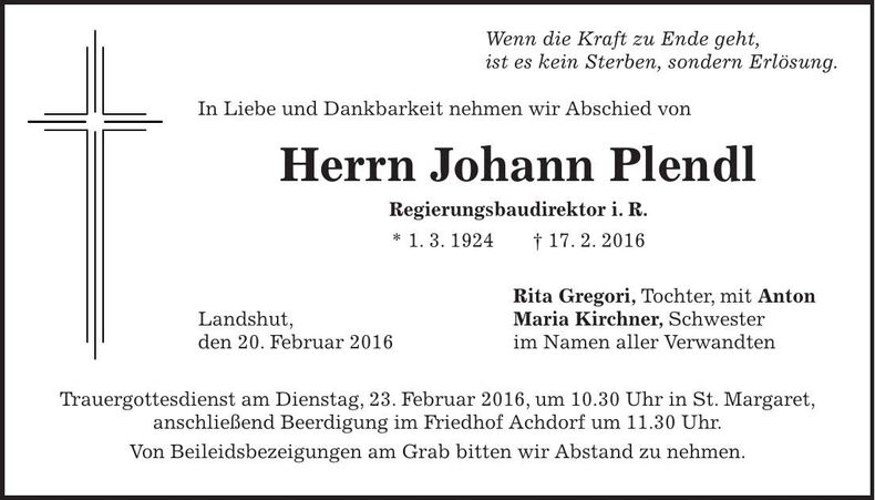 Traueranzeige Johann Plendl