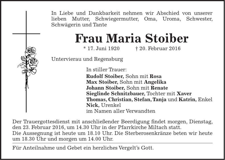 Traueranzeige Maria Stoiber