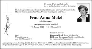 Traueranzeige Anna Melzl