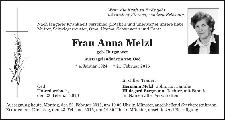 Traueranzeige Anna Melzl