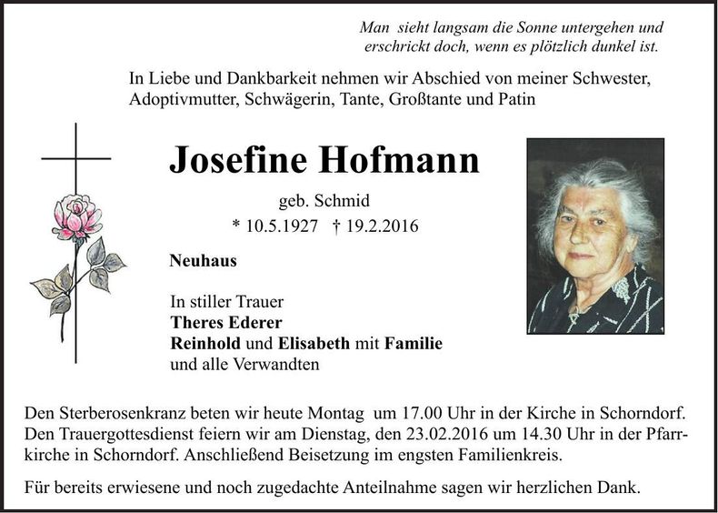 Traueranzeige Josefine Hofmann