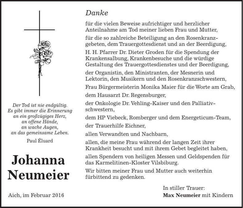 Traueranzeige Johanna Neumeier