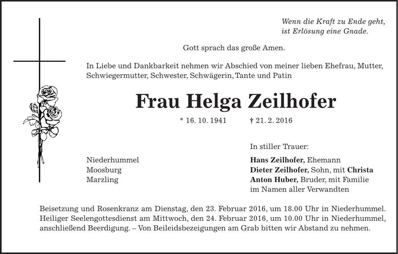 Traueranzeige Helga Zeilhofer