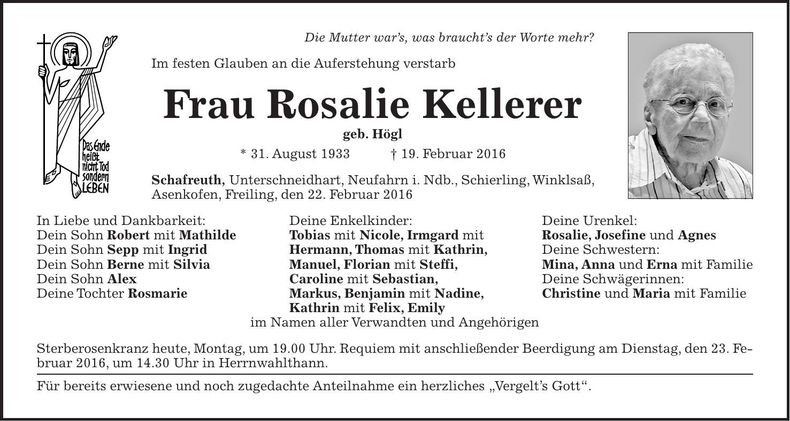 Traueranzeige Rosalie Kellerer