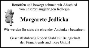 Traueranzeige Margarete Jedlicka