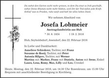 Traueranzeige Josefa Lobmeier