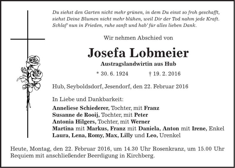 Traueranzeige Josefa Lobmeier