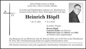 Traueranzeige Heinrich Höpfl