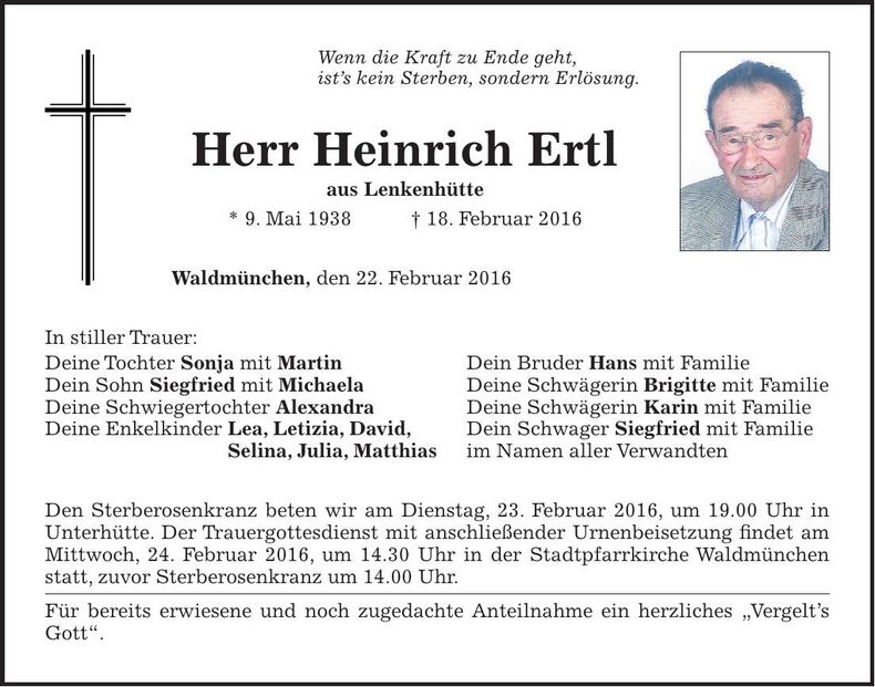 Traueranzeige Heinrich Ertl