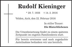 Traueranzeige Rudolf Kieninger