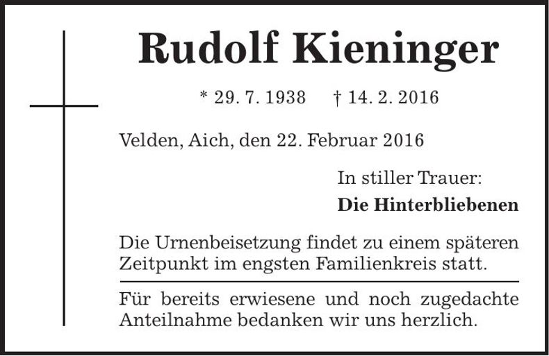 Traueranzeige Rudolf Kieninger