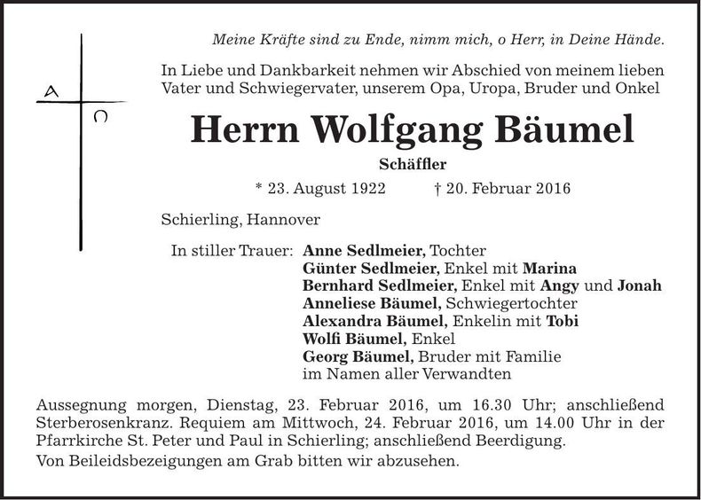 Traueranzeige Wolfgang Bäumel