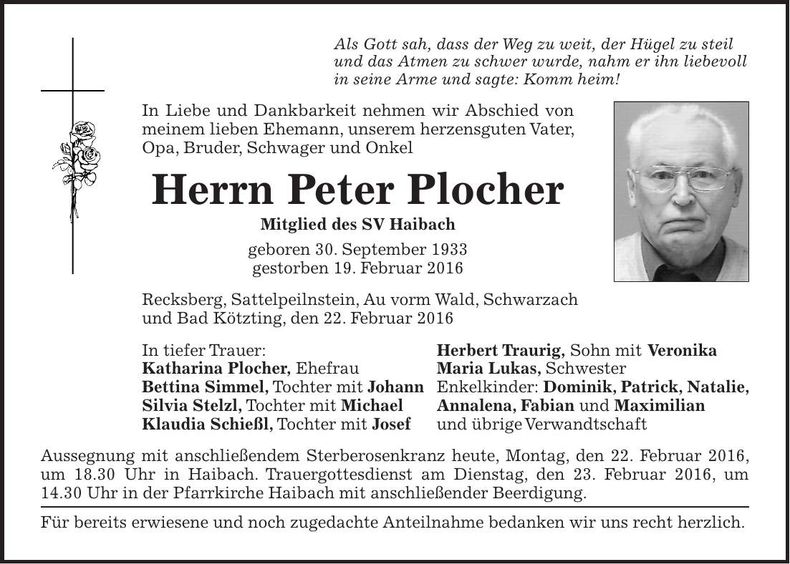 Traueranzeige Peter Plocher
