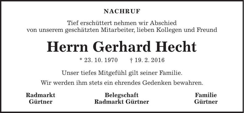 Traueranzeige Gerhard Hecht
