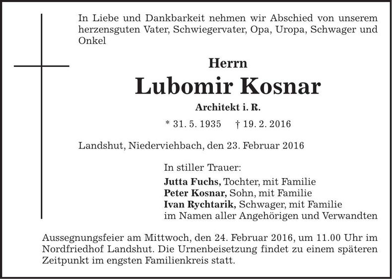 Traueranzeige Lubomir Kosnar