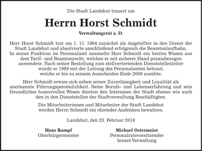 Traueranzeige Horst Schmidt