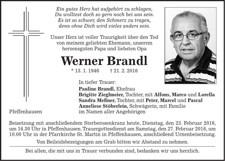 Traueranzeige Werner Brandl