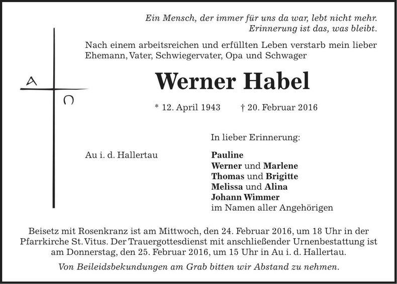Traueranzeige Habel Werner