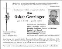 Traueranzeige Oskar Genzinger