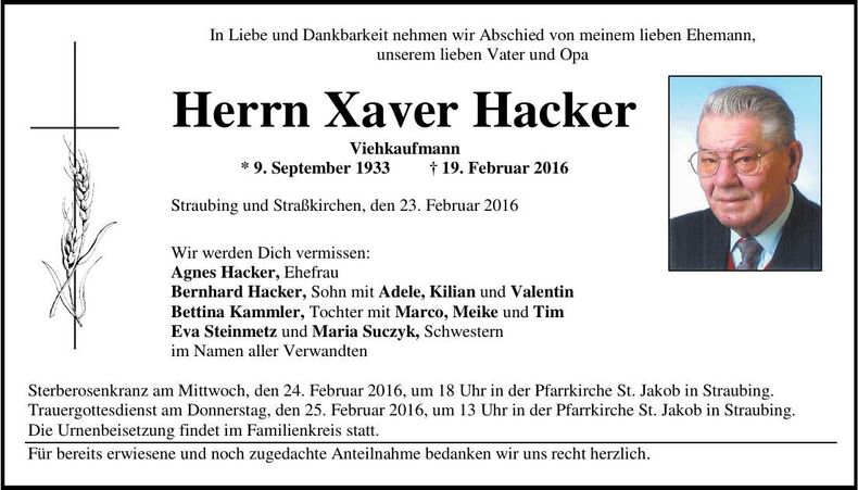 Traueranzeige Xaver Hacker