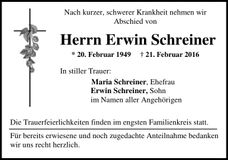 Traueranzeige Erwin Schreiner