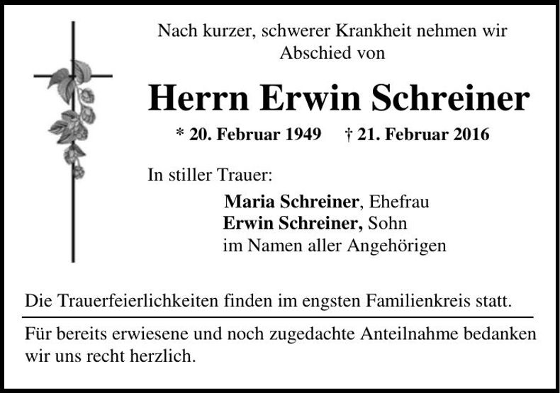 Traueranzeige Erwin Schreiner