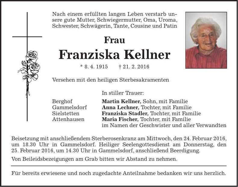 Traueranzeige Franziska Kellner