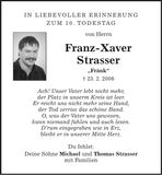 Traueranzeige Franz-Xaver Strasser