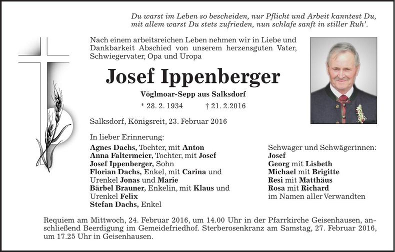 Traueranzeige Josef Ippenberger