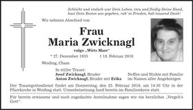 Traueranzeige Maria Zwicknagl