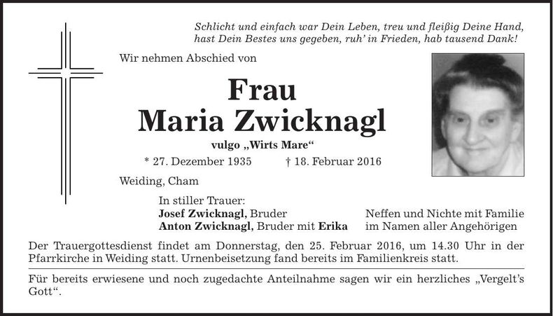 Traueranzeige Maria Zwicknagl