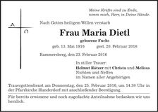 Traueranzeige Maria Dietl