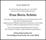 Traueranzeige Berta Schötz