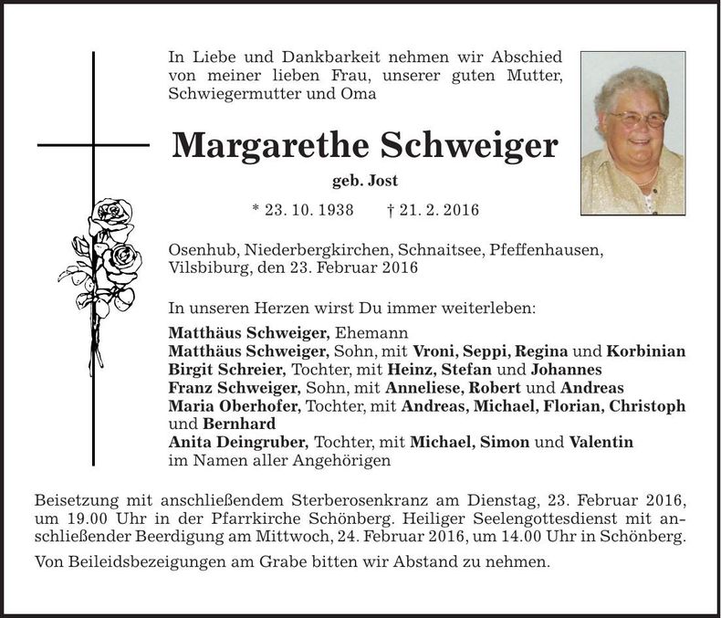 Traueranzeige Margarethe Schweiger