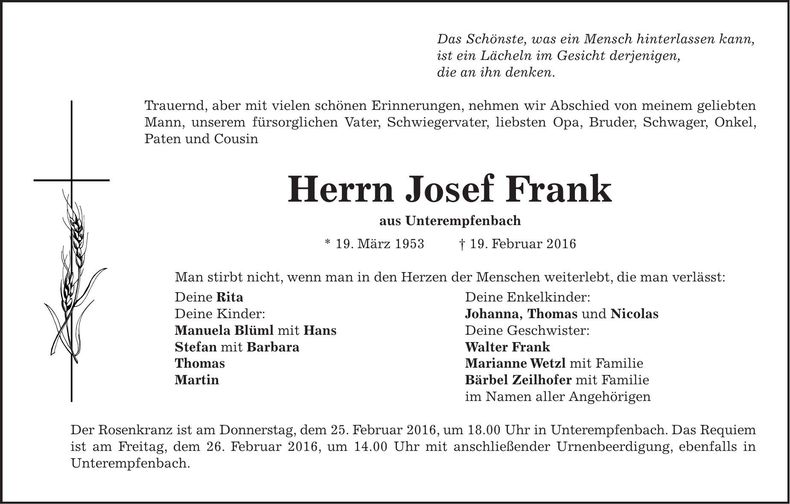 Traueranzeige Josef Frank
