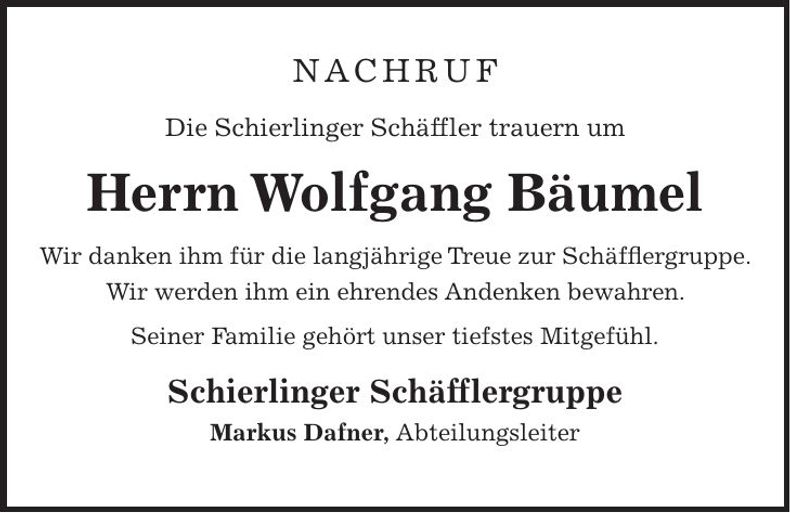 Traueranzeige Wolfgang Bäumel