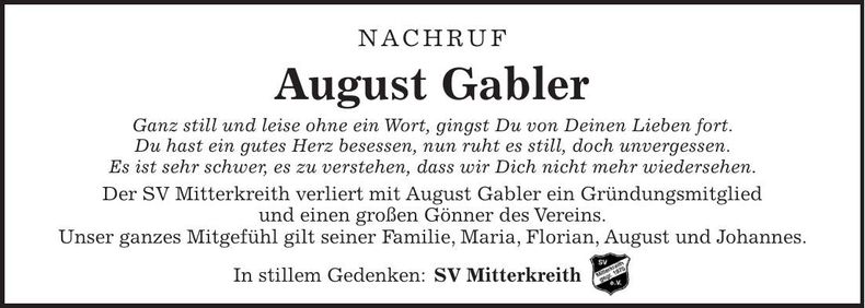 Traueranzeige August Gabler