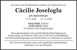 Traueranzeige Cäcilie Josefoglu