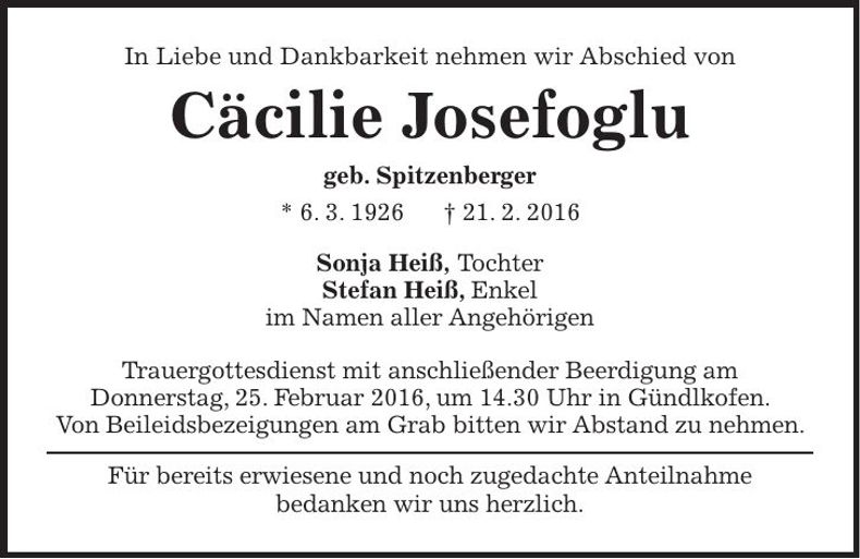Traueranzeige Cäcilie Josefoglu