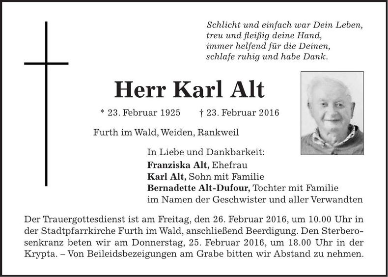 Traueranzeige Karl Alt
