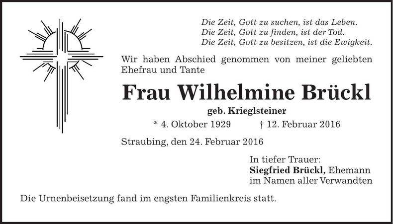 Traueranzeige Wilhelmine Brückl